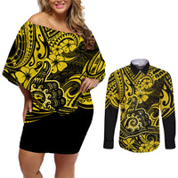 Hawaii Shaka Sign Couples Matching Off Shoulder Short Dress and Long Sleeve Button Shirts Polynesian Pattern Yellow Version LT01 Yellow - Polynesian Pride
