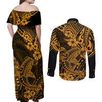 Hawaii Shark Couples Matching Off Shoulder Maxi Dress and Long Sleeve Button Shirts Polynesian Pattern Gold Version LT01 - Polynesian Pride