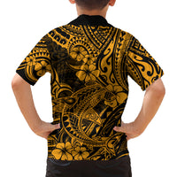 Hawaii Shark Family Matching Off Shoulder Long Sleeve Dress and Hawaiian Shirt Polynesian Pattern Gold Version LT01 - Polynesian Pride