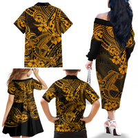 Hawaii Shark Family Matching Off Shoulder Long Sleeve Dress and Hawaiian Shirt Polynesian Pattern Gold Version LT01 - Polynesian Pride