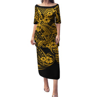 Hawaii Shark Family Matching Puletasi Dress and Hawaiian Shirt Polynesian Pattern Gold Version LT01 Mom's Dress Gold - Polynesian Pride