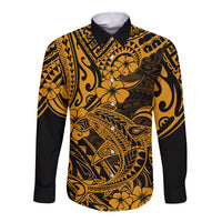 Hawaii Shark Long Sleeve Button Shirt Polynesian Pattern Gold Version LT01 Unisex Gold - Polynesian Pride