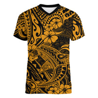 Hawaii Shark Women V Neck T Shirt Polynesian Pattern Gold Version LT01 Female Gold - Polynesian Pride