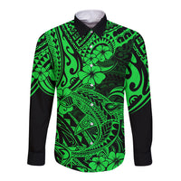 Hawaii Shark Long Sleeve Button Shirt Polynesian Pattern Green Version LT01 Unisex Green - Polynesian Pride