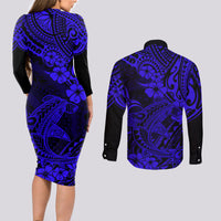 Hawaii Shark Couples Matching Long Sleeve Bodycon Dress and Long Sleeve Button Shirts Polynesian Pattern Navy Blue Version LT01 - Polynesian Pride