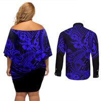 Hawaii Shark Couples Matching Off Shoulder Short Dress and Long Sleeve Button Shirts Polynesian Pattern Navy Blue Version LT01 - Polynesian Pride