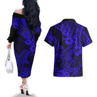 Hawaii Shark Couples Matching Off The Shoulder Long Sleeve Dress and Hawaiian Shirt Polynesian Pattern Navy Blue Version LT01 - Polynesian Pride