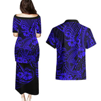 Hawaii Shark Couples Matching Puletasi Dress and Hawaiian Shirt Polynesian Pattern Navy Blue Version LT01 - Polynesian Pride