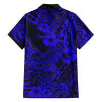 Hawaii Shark Family Matching Off Shoulder Short Dress and Hawaiian Shirt Polynesian Pattern Navy Blue Version LT01 - Polynesian Pride