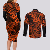Hawaii Shark Couples Matching Long Sleeve Bodycon Dress and Long Sleeve Button Shirts Polynesian Pattern Orange Version LT01 - Polynesian Pride