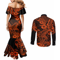Hawaii Shark Couples Matching Mermaid Dress and Long Sleeve Button Shirts Polynesian Pattern Orange Version LT01 - Polynesian Pride