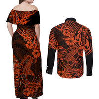 Hawaii Shark Couples Matching Off Shoulder Maxi Dress and Long Sleeve Button Shirts Polynesian Pattern Orange Version LT01 - Polynesian Pride