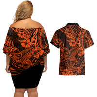 Hawaii Shark Couples Matching Off Shoulder Short Dress and Hawaiian Shirt Polynesian Pattern Orange Version LT01 - Polynesian Pride