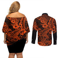 Hawaii Shark Couples Matching Off Shoulder Short Dress and Long Sleeve Button Shirts Polynesian Pattern Orange Version LT01 - Polynesian Pride