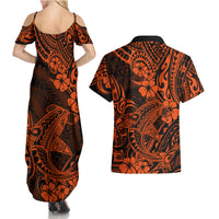 Hawaii Shark Couples Matching Summer Maxi Dress and Hawaiian Shirt Polynesian Pattern Orange Version LT01 - Polynesian Pride