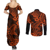 Hawaii Shark Couples Matching Summer Maxi Dress and Long Sleeve Button Shirts Polynesian Pattern Orange Version LT01 - Polynesian Pride