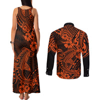 Hawaii Shark Couples Matching Tank Maxi Dress and Long Sleeve Button Shirts Polynesian Pattern Orange Version LT01 - Polynesian Pride