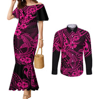 Hawaii Shark Couples Matching Mermaid Dress and Long Sleeve Button Shirts Polynesian Pattern Pink Version LT01 Pink - Polynesian Pride