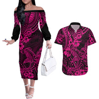 Hawaii Shark Couples Matching Off The Shoulder Long Sleeve Dress and Hawaiian Shirt Polynesian Pattern Pink Version LT01 Pink - Polynesian Pride