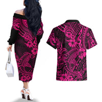 Hawaii Shark Couples Matching Off The Shoulder Long Sleeve Dress and Hawaiian Shirt Polynesian Pattern Pink Version LT01 - Polynesian Pride