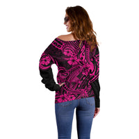 Hawaii Shark Off Shoulder Sweater Polynesian Pattern Pink Version LT01 - Polynesian Pride
