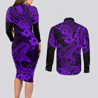 Hawaii Shark Couples Matching Long Sleeve Bodycon Dress and Long Sleeve Button Shirts Polynesian Pattern Purple Version LT01 - Polynesian Pride
