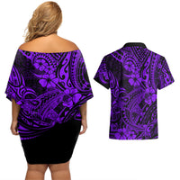 Hawaii Shark Couples Matching Off Shoulder Short Dress and Hawaiian Shirt Polynesian Pattern Purple Version LT01 - Polynesian Pride