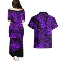 Hawaii Shark Couples Matching Puletasi Dress and Hawaiian Shirt Polynesian Pattern Purple Version LT01 - Polynesian Pride