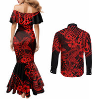 Hawaii Shark Couples Matching Mermaid Dress and Long Sleeve Button Shirts Polynesian Pattern Red Version LT01 - Polynesian Pride