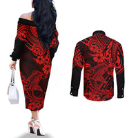 Hawaii Shark Couples Matching Off The Shoulder Long Sleeve Dress and Long Sleeve Button Shirts Polynesian Pattern Red Version LT01 - Polynesian Pride