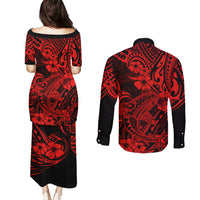 Hawaii Shark Couples Matching Puletasi Dress and Long Sleeve Button Shirts Polynesian Pattern Red Version LT01 - Polynesian Pride