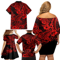 Hawaii Shark Family Matching Off Shoulder Short Dress and Hawaiian Shirt Polynesian Pattern Red Version LT01 - Polynesian Pride