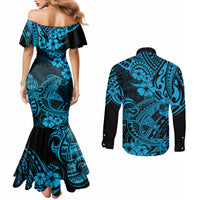 Hawaii Shark Couples Matching Mermaid Dress and Long Sleeve Button Shirts Polynesian Pattern Sky Blue Version LT01 - Polynesian Pride