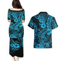 Hawaii Shark Couples Matching Puletasi Dress and Hawaiian Shirt Polynesian Pattern Sky Blue Version LT01 - Polynesian Pride