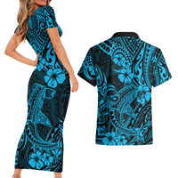 Hawaii Shark Couples Matching Short Sleeve Bodycon Dress and Hawaiian Shirt Polynesian Pattern Sky Blue Version LT01 - Polynesian Pride