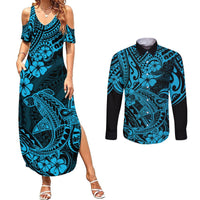 Hawaii Shark Couples Matching Summer Maxi Dress and Long Sleeve Button Shirts Polynesian Pattern Sky Blue Version LT01 Blue - Polynesian Pride