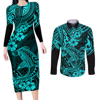 Hawaii Shark Couples Matching Long Sleeve Bodycon Dress and Long Sleeve Button Shirts Polynesian Pattern Turquoise Version LT01 Turquoise - Polynesian Pride