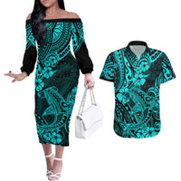 Hawaii Shark Couples Matching Off The Shoulder Long Sleeve Dress and Hawaiian Shirt Polynesian Pattern Turquoise Version LT01 Turquoise - Polynesian Pride
