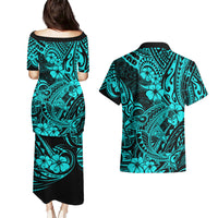 Hawaii Shark Couples Matching Puletasi Dress and Hawaiian Shirt Polynesian Pattern Turquoise Version LT01 - Polynesian Pride