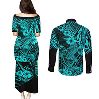 Hawaii Shark Couples Matching Puletasi Dress and Long Sleeve Button Shirts Polynesian Pattern Turquoise Version LT01 - Polynesian Pride