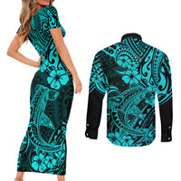 Hawaii Shark Couples Matching Short Sleeve Bodycon Dress and Long Sleeve Button Shirts Polynesian Pattern Turquoise Version LT01 - Polynesian Pride