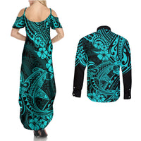 Hawaii Shark Couples Matching Summer Maxi Dress and Long Sleeve Button Shirts Polynesian Pattern Turquoise Version LT01 - Polynesian Pride