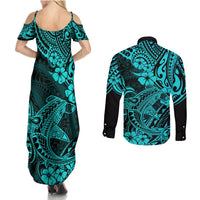 Hawaii Shark Couples Matching Summer Maxi Dress and Long Sleeve Button Shirts Polynesian Pattern Turquoise Version LT01 - Polynesian Pride