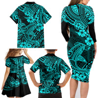 Hawaii Shark Family Matching Long Sleeve Bodycon Dress and Hawaiian Shirt Polynesian Pattern Turquoise Version LT01 - Polynesian Pride