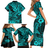Hawaii Shark Family Matching Short Sleeve Bodycon Dress and Hawaiian Shirt Polynesian Pattern Turquoise Version LT01 - Polynesian Pride
