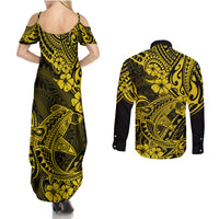 Hawaii Shark Couples Matching Summer Maxi Dress and Long Sleeve Button Shirts Polynesian Pattern Yellow Version LT01 - Polynesian Pride