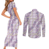 Pua Kalaunu Lei Couples Matching Short Sleeve Bodycon Dress and Long Sleeve Button Shirt Palaka Pattern LT01 - Polynesian Pride