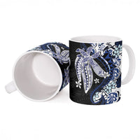 Monstera Plumeria Flowers Blue Ceramic Mug Polynesian Pattern