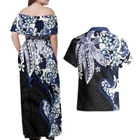 Monstera Plumeria Flowers Blue Couples Matching Off Shoulder Maxi Dress and Hawaiian Shirt Polynesian Pattern