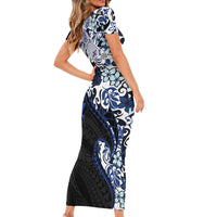 Monstera Plumeria Flowers Blue Family Matching Short Sleeve Bodycon Dress and Hawaiian Shirt Polynesian Pattern